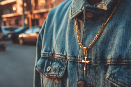 Stylish close up of a golden cross necklace on a denim jacket in urban street style photographyの写真素材