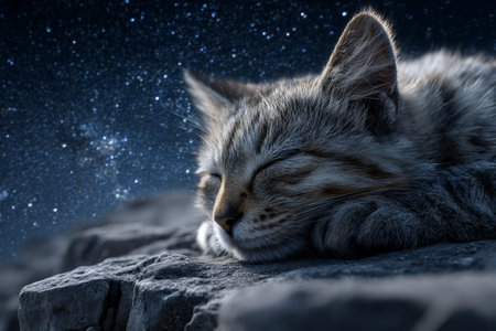 Adorable cat napping on a rock beneath a starry sky at night in photorealistic detail