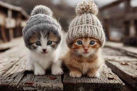 Adorable kittens in knitted hats resting on weathered wooden planks a charming full body portrait