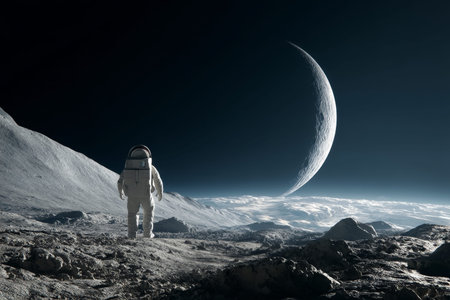 Astronaut in white spacesuit gazes at distant moon on alien planet covered in rocks and soil