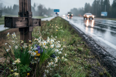 Memorial cross and flowers by country road, remembrance of a tragic incident during springtimeのeditorial素材