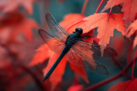 Close up of a black dragonfly resting on vibrant red maple leaves in a blurred natural setting