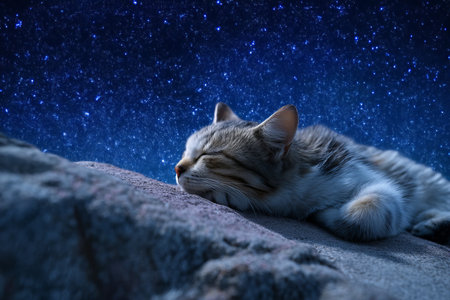 A cute cat peacefully sleeping on a rock beneath a starry night sky in beautiful blue and gray tonesの写真素材