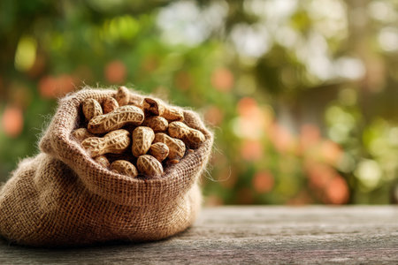 Close up of peanuts in a burlap bag on a wooden table with a blurred garden background