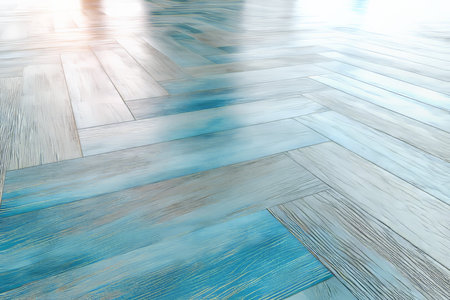 Stunning light blue and white stained contemporary parquet floor with sharp edges in studio lightの写真素材