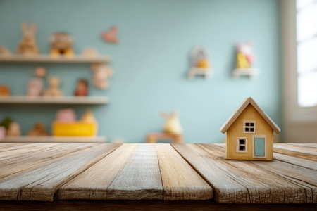 Wooden table top in a blurred children's room, perfect for product display and montage ideasの写真素材