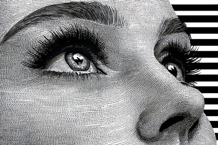 Beautiful close up line drawing of a woman s eye with striking features and striped backdrop