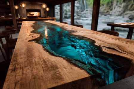 Stunning epoxy oak table featuring a flowing blue river through wood in hyper realistic photographyの写真素材