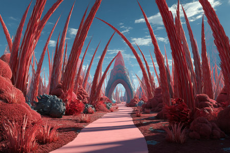 Surreal alien landscape with red coral structures, spiky plants, and a pink path through itの写真素材
