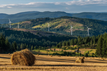 Stunning summer landscape with wind turbines and hay bales at golden hour in rolling hills