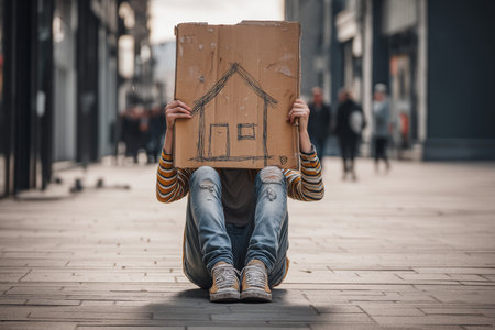 Young man in jeans and sneakers sits on street with cardboard box featuring hand drawn house sketchの写真素材