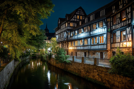 Charming half timbered house and stone bridge illuminated at night in a historic city center sceneの写真素材