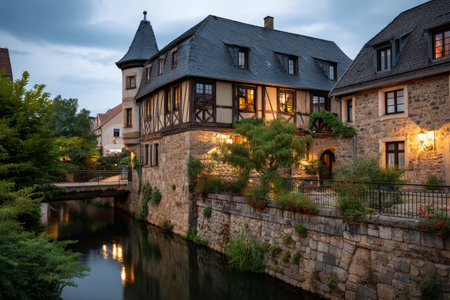 Charming turret house at twilight a stunning view of the canal bridge in the city centerの写真素材