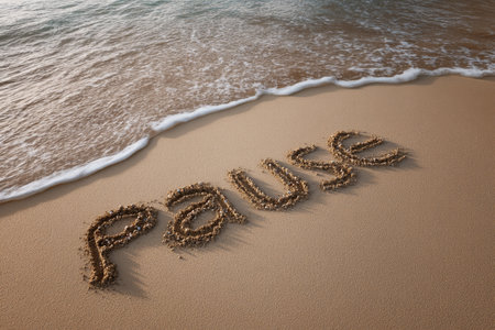 The word pause written in sand on the beach with ample space for text, aerial perspectiveの写真素材