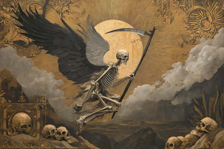 An ethereal vision of the skeletal angel of death soaring over a macabre landscape with skullsの写真素材