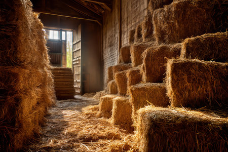 Serene barn interior bathed in golden sunlight with stacked hay bales creating tranquil atmosphere