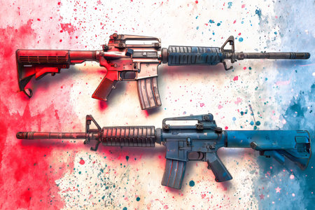 Vintage watercolor background featuring m4a5 and m26 ar 7 rifles in red, white, and blue colors