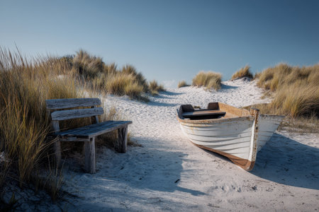 Charming beach scene in northern germany small boat, dunes, and blue sky with wooden benchの写真素材