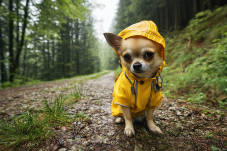 Charming chihuahua in yellow raincoat posing on forest path during rainy day photographyの写真素材