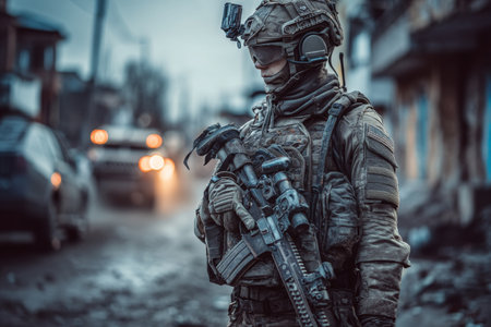U.sarmy soldier in combat gear with m4a5 rifle on Ukrainian streets prepared for battleの写真素材