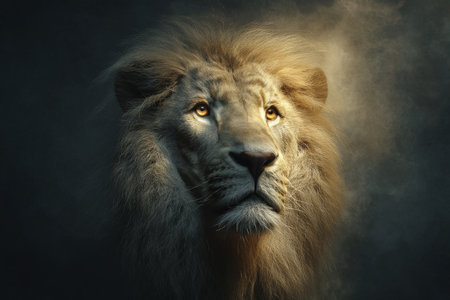 Majestic lion face with glowing eyes illuminated by golden light on dark abstract backgroundの写真素材