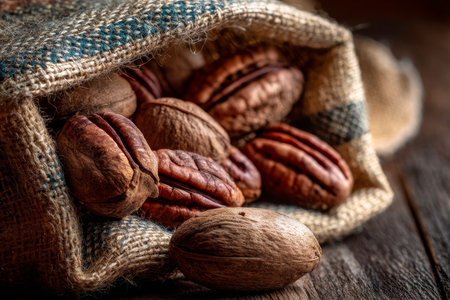 Close up of pecan nuts in burlap sack on wooden background with ample copy space for textの写真素材