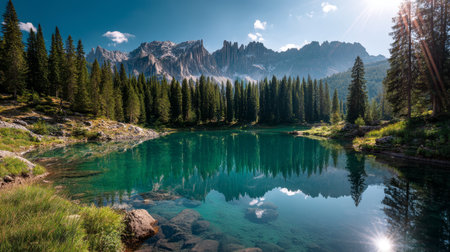 Stunning summer landscape of the Italian dolomites at lake hl ne with turquoise water and treesの写真素材