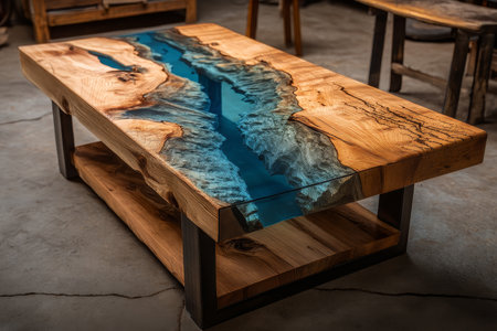 Elegant wooden table featuring a striking blue river design for unique home decor aestheticの写真素材