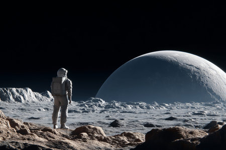 Astronaut in white spacesuit gazing at distant moon on rocky planet in vast space environment
