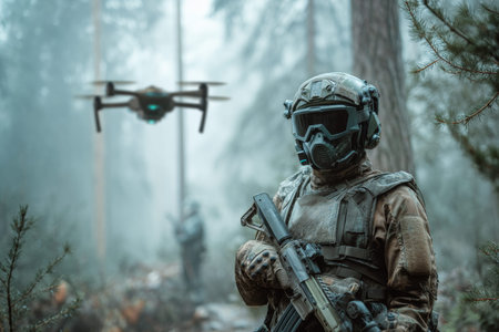 Soldier in uniform with mask and helmet holds rifle amidst forest with military drone nearby