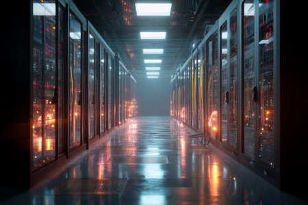 Futuristic 3d abstract background of a digital data center with glowing lights and server devices