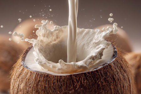 Dynamic close up of coconut milk poured into shell, creating swirls and textured splashesの写真素材
