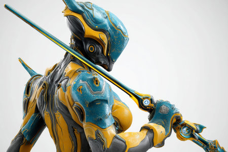 A full body warframe character with glowing spear in blue and yellow armor against white background