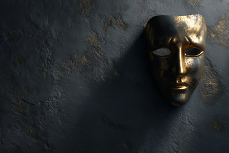 Elegant dark gray wall featuring an antique mask illuminated by golden light with text spaceの写真素材