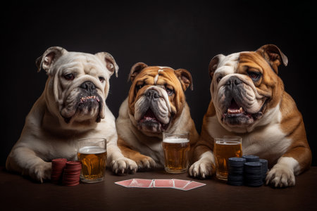 Three english bulldogs enjoying a poker game with beer, chips, and cards at the tableの写真素材