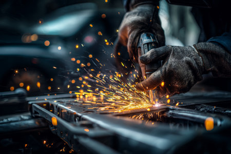 Electric welder repairing car front with sparks flying professional photographyの写真素材