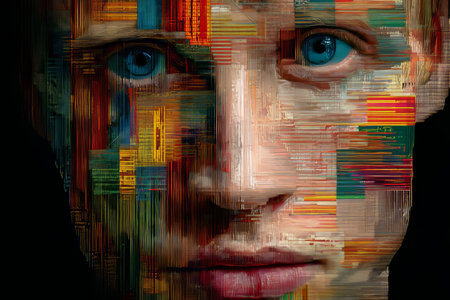 Colorful pixelated portrait of a young man with blue eyes in a dark background art styleの写真素材