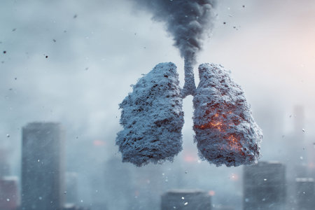 Snow sculpted human lungs right lung burning amidst urban smog and ash in a chilling scene