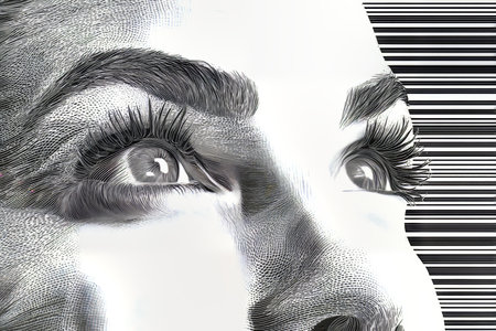 Elegant line drawing of a woman s eye with striped background creating depth and mysteryの写真素材