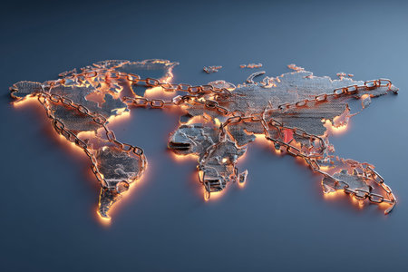 World map symbolizing freedom breaking chains on a blue background for global resilience concept