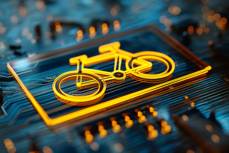 Glowing yellow bicycle icon on a circuit board with neon lights in abstract technology styleの写真素材