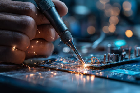 Close up of hands using electric soldering iron on circuit board with sparks in studio settingの写真素材