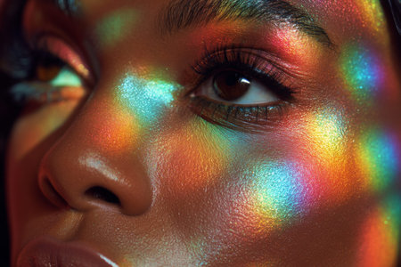 Close up of an African American woman with vibrant holographic makeup and colorful light reflections