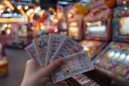 A hand holding lottery tickets in front of colorful slot machines at an amusement park.の写真素材