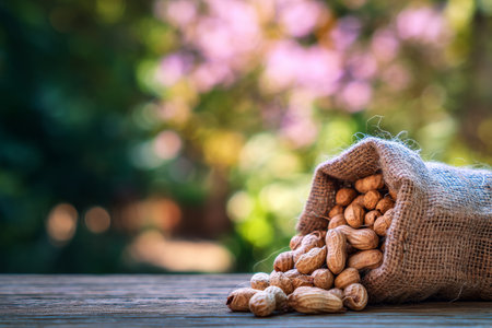 Organic peanuts in a burlap bag on a wooden table with a blurred garden backgroundの写真素材