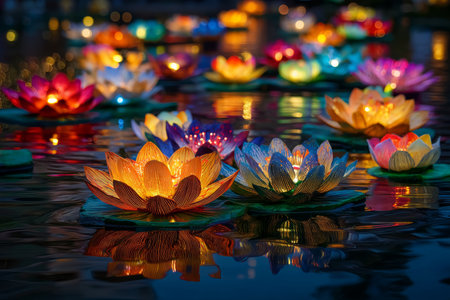 Enchanting scene of illuminated paper lotus flowers floating on water in a serene garden settingの写真素材