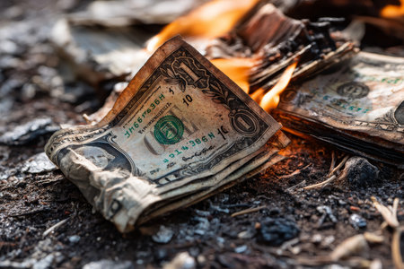 Close up view of u.sdollars burning on the ground captured in rich detail with a nikon d850の写真素材