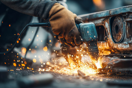 Electric welding repair skilled worker fixes car with sparks flying in professional e-commerce shot