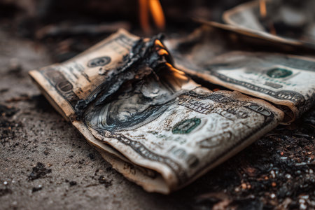 Close up of burning dollar bills on textured ground captured with nikon d850 color photographyの写真素材