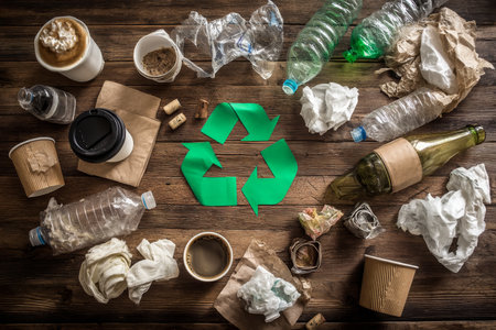Top view of various plastic, paper, glass, and metal waste with recycling symbol on a wooden surfaceの写真素材